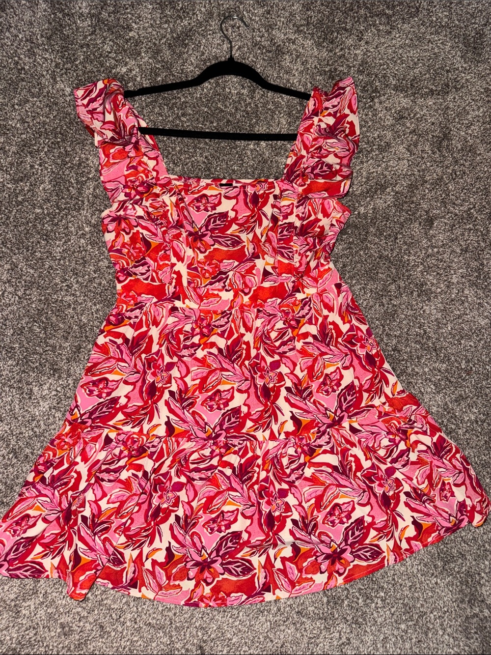 SHEIN Pink & Red Floral Ruffle Sleeve Mini Dress
